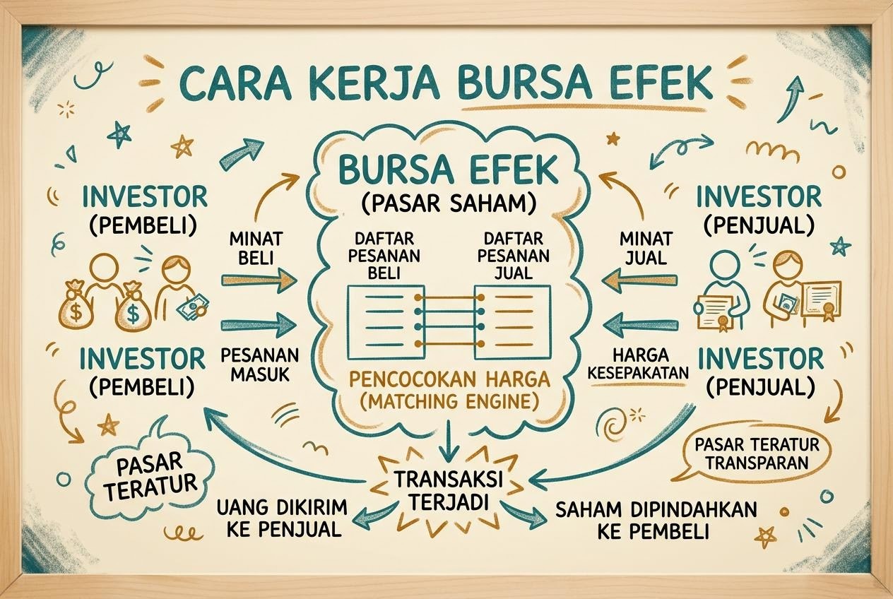 Papan tulis berisi diagram sederhana tentang cara kerja bursa efek dan perdagangan