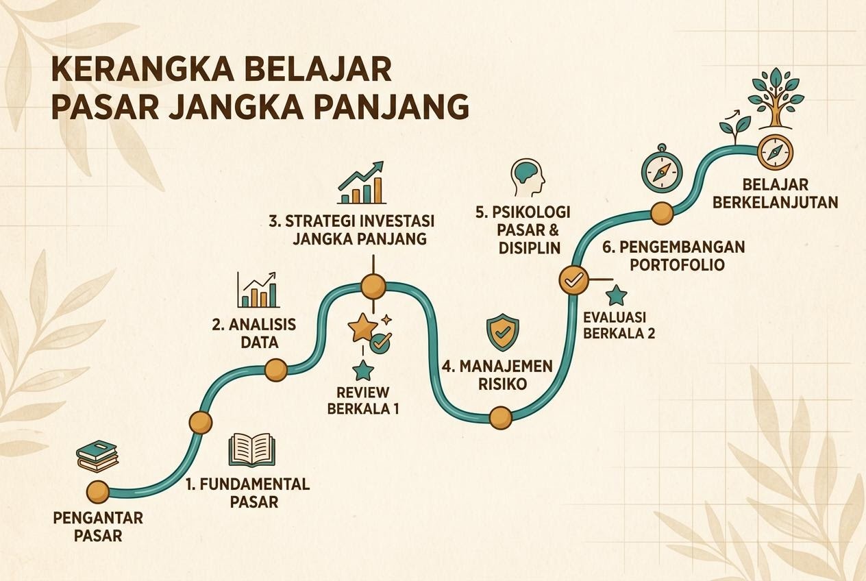 Peta alur belajar bertahap dengan tahapan evaluasi untuk pembelajaran pasar jangka panjang