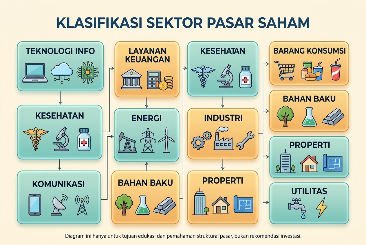 Diagram klasifikasi sektor pasar saham dengan kelompok industri yang berbeda warna